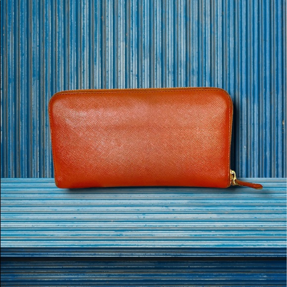 Prada Papaya Saffiano Leather & Gold Logo Long Zip-around  Wallet Fall color 103 - Picture 3 of 7